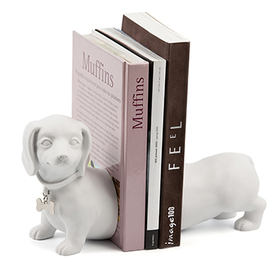 Sujeta libros Teckel de color blanco
